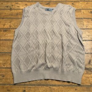 Oscar de la Renta Men's Vest V-Neck‎ Knit Sweater Tan Argyle Solid Cotton L